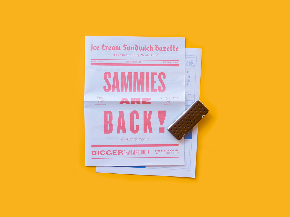 Image of ice cream sandwich next to a newspaper with the headline 'Sammies are back'
