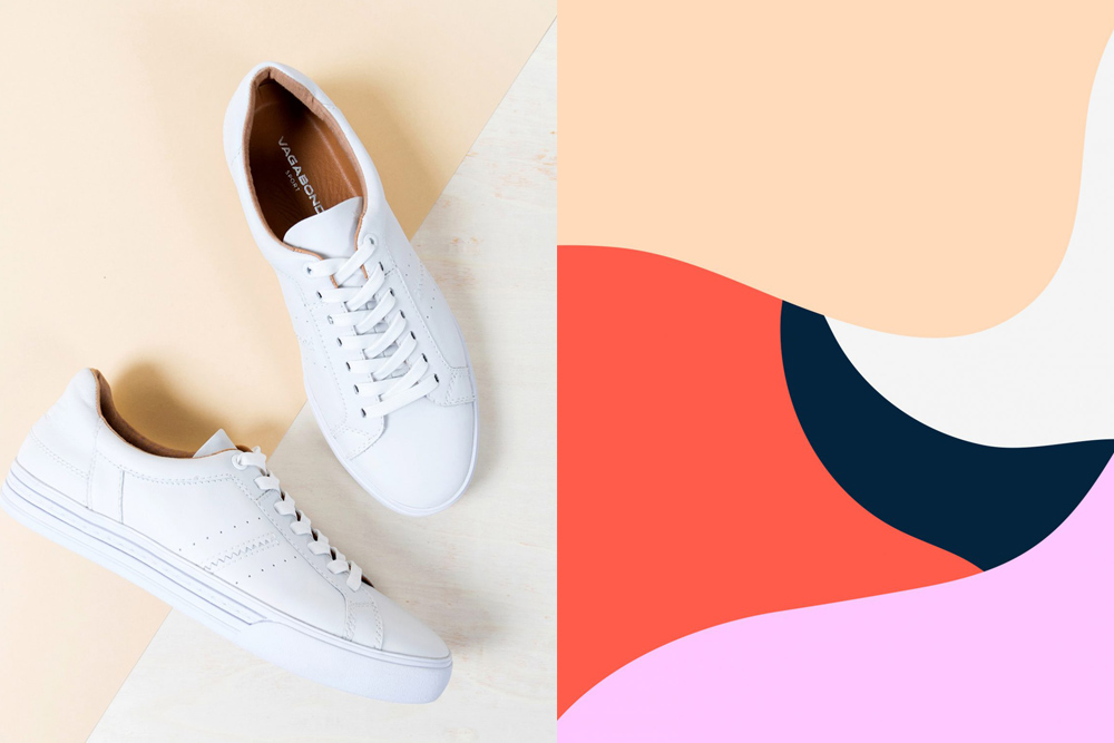 Image of sneakers branding next to an abstract image of bright colors