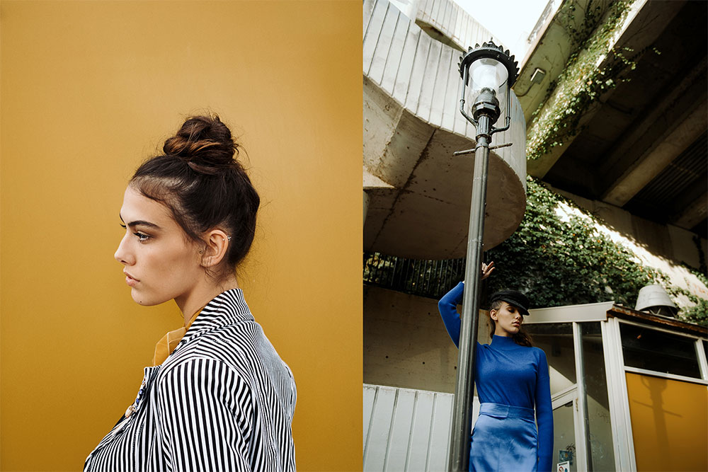 Image of a female model in striped shirt, and image of female model leaning against lampost