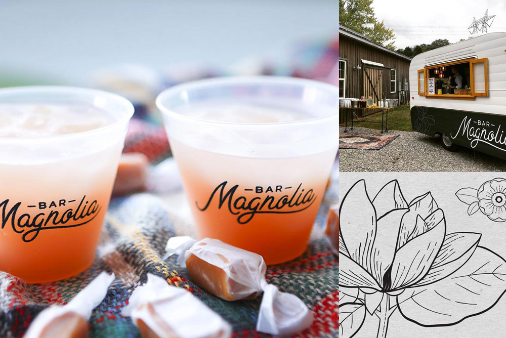 Image of branding for Magnolia Bar including cocktails and a cute moveable bar