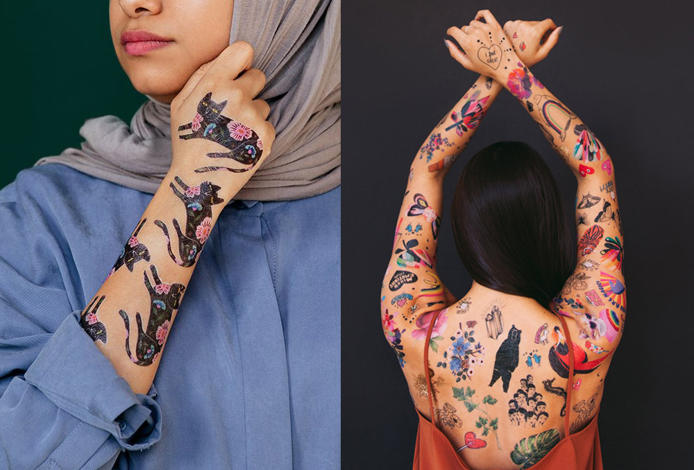 Image of a woman in a hijab, wearing cat Tattlys alongside a woman with her arms and back covered in temporary tattoos