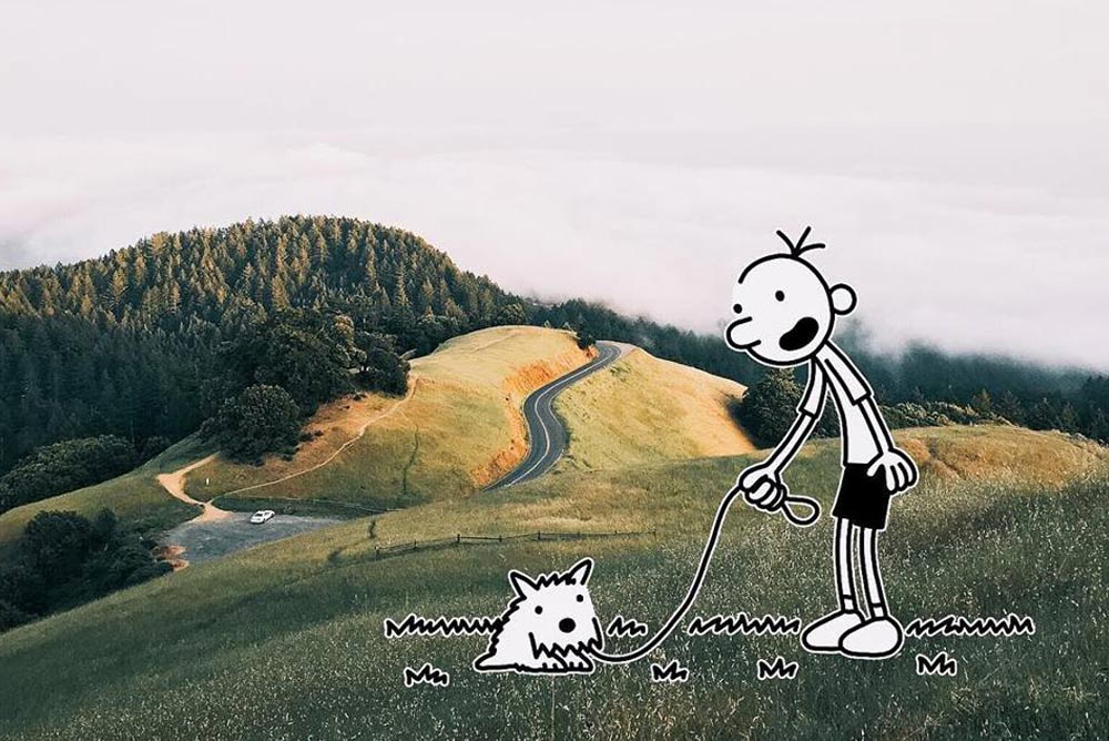 Illustration of Wimpy Kid against a meadow background