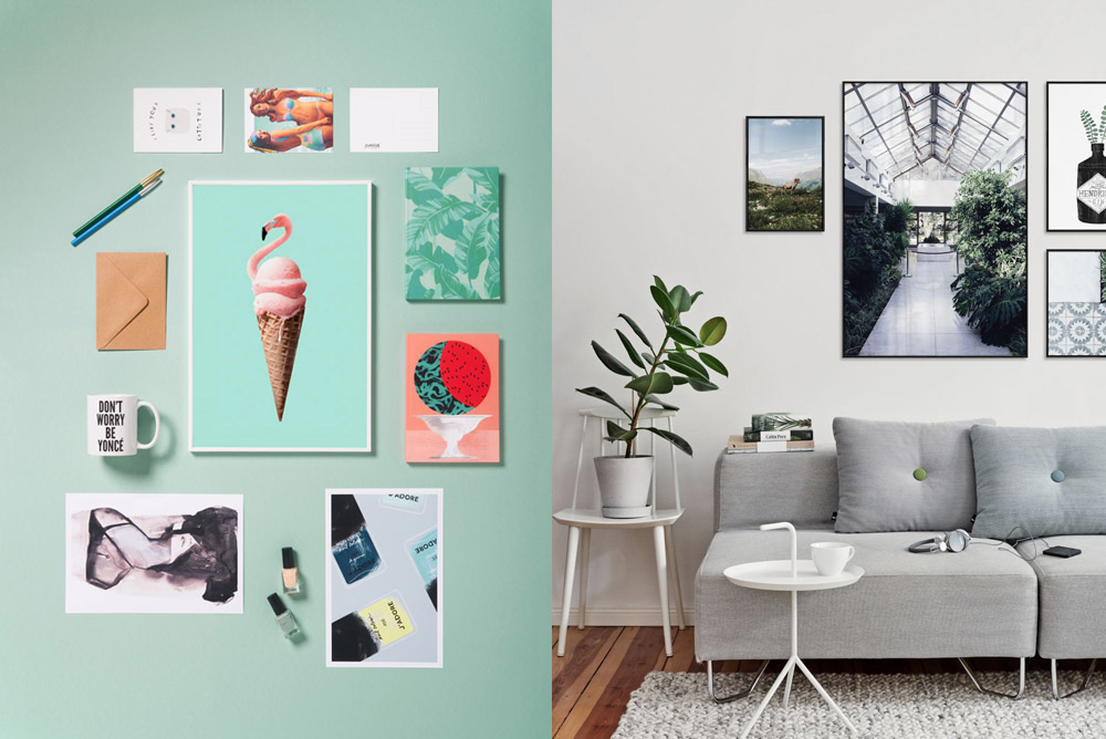 Image of a green themed gallery wall alongside a monochrome themed wall