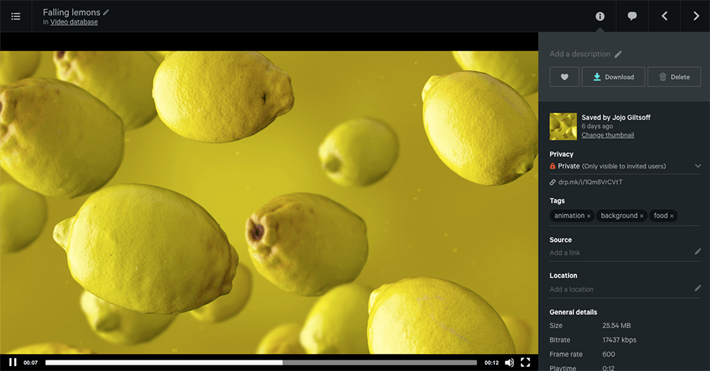 Screen Shot of Video Database on Dropmark showing video of falling lemons