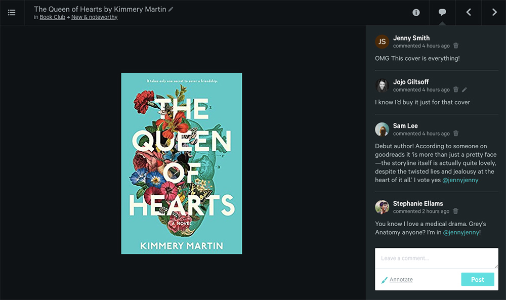 Screenshot of The Queen of Hearts on Dropmark with conversation in comments