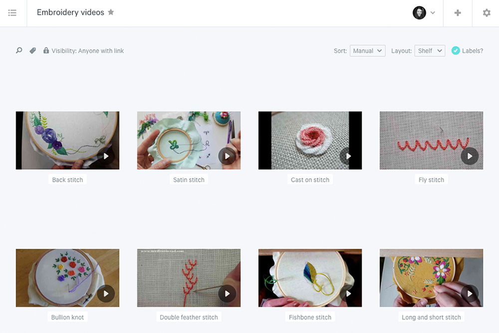 Screenshot of Dropmark embroidery collection