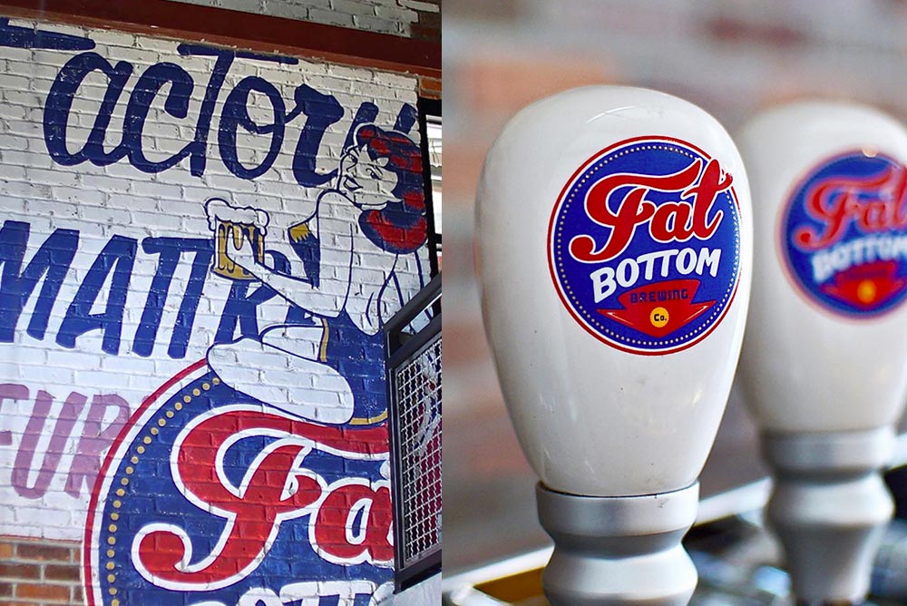 Image of brewery branding including beer taps and a brick mural