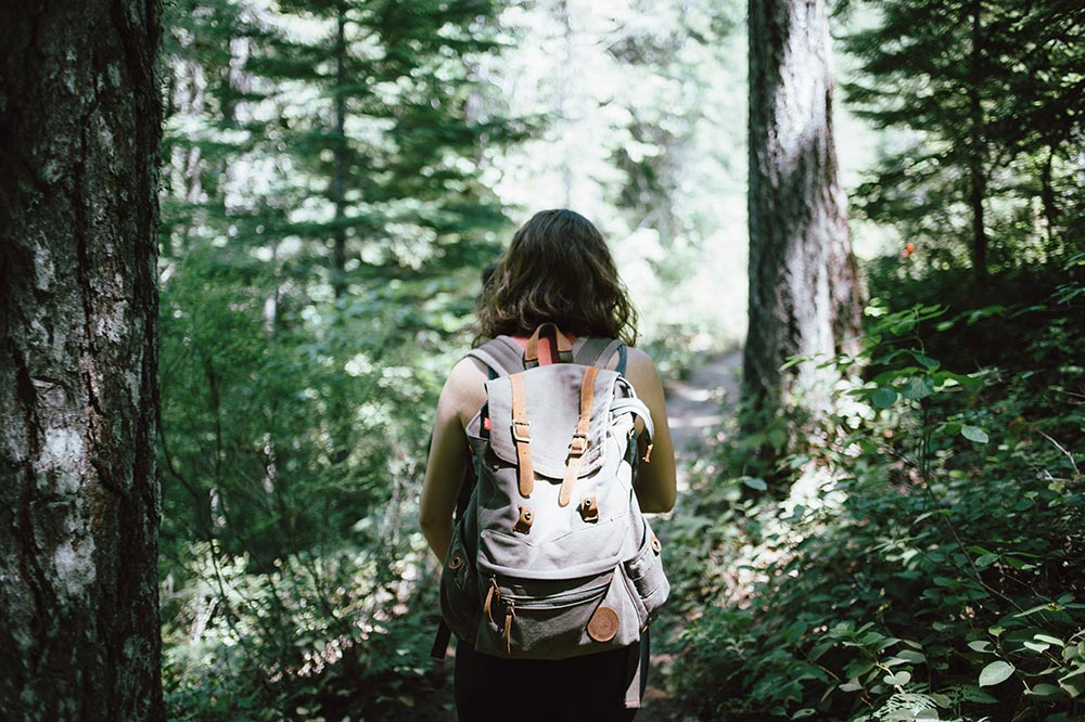 Photograph of the back of a woman in the forest